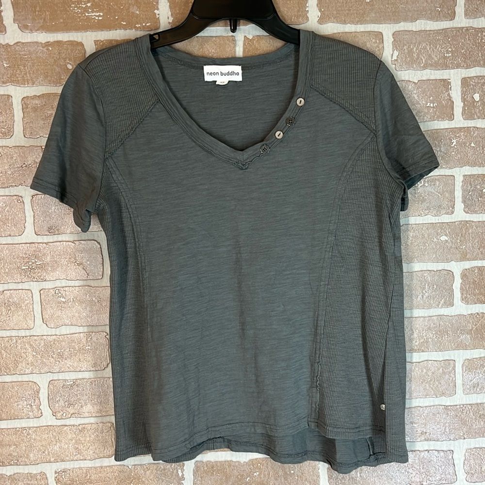 Neon Buddha Grey Tee Top Vee Neck Shirt Button Detail